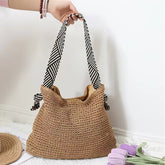 Bag Striped Wide Ribbon Shoulder Straw Bag Vacation Beach Bag
